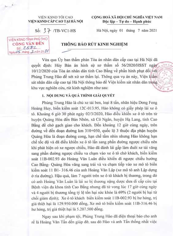 TB rút kinh nghiệm số 37/TB-VC1-HS ngày 01/7/2021 đối với vụ án hình sự bị Hủy án để xét xử sơ thẩm lại