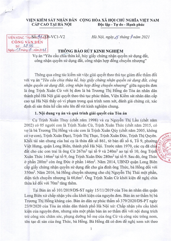 TB rút kinh nghiệm số 41/TB-VC1-V2 ngày 15/7/2021 về vụ án "Yêu cầu chia thừa kế, hủy giấy chứng nhận quyền sử dụng đất, CN quyền SD đất..."