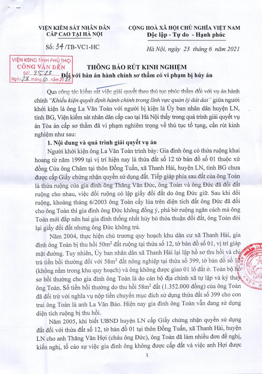 TB rút kinh nghiệm số 34/TB-VC1-HC ngày 23.6.2021 đối với bản án hành chính sơ thẩm có vi phạm bị hủy án