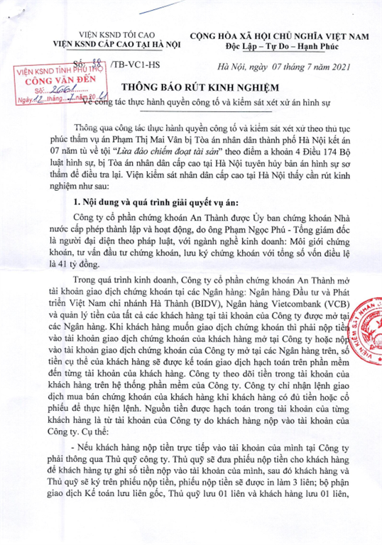 TB rút kinh nghiệm số 38/TB-VC1-HS ngày 7.7.2021 về công tác thực hành quyền công tố và KSXX án hình sự