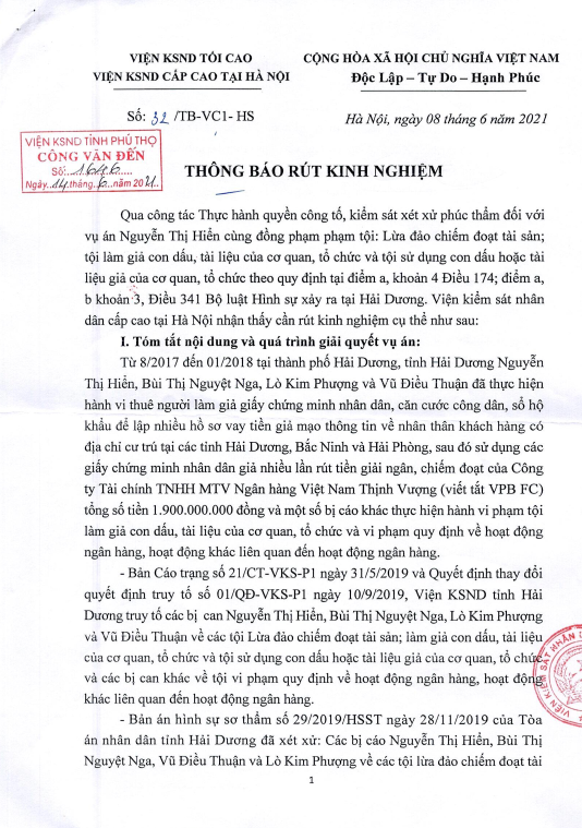 TB rút kinh nghiệm số 32/TB-VC1-HS ngày 08.6.2021 đối với vụ án Nguyễn Thị Hiển cùng đồng bọn phạm tội: Lừa đảo chiếm đoạt tài sản...