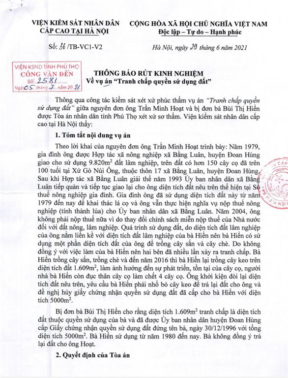 TB rút kinh nghiệm số 36/TB-VC1-V2 ngày 29/6/2021 về vụ án "Tranh chấp quyền sử dụng đất"