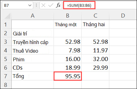 Kết quả Tự động Tính tổng trong ô B7