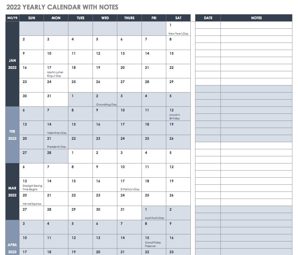 2022 Yearly Calendar with Notes Template