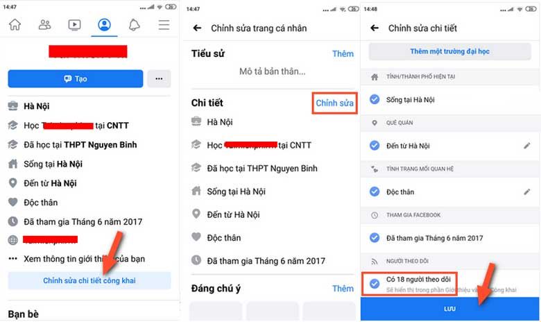 Cách bật theo dõi trên facebook bằng điện thoại Android: Bước 2+3