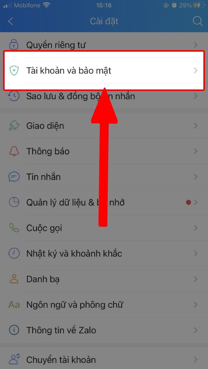 Chọn mục Tài khoản và bảo mật